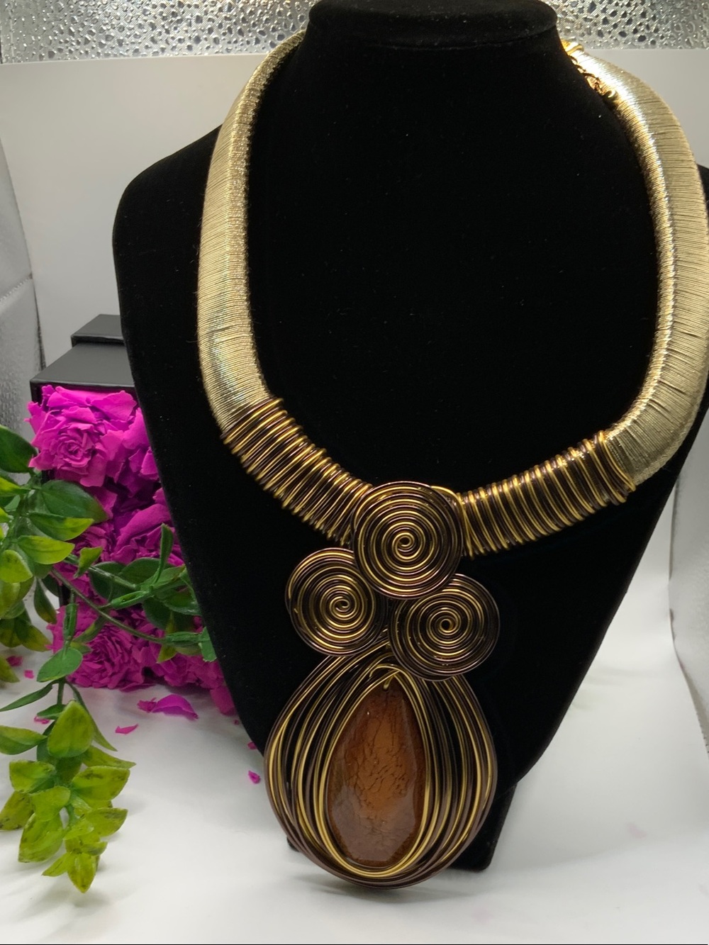 Gold-Tone Fall Wire Wrap Statement Necklace with Amber Teardrop